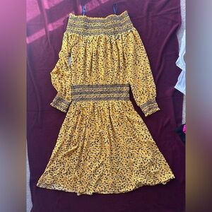 Michael Kors Yellow and Black Floral long Sleeve Midi Dress